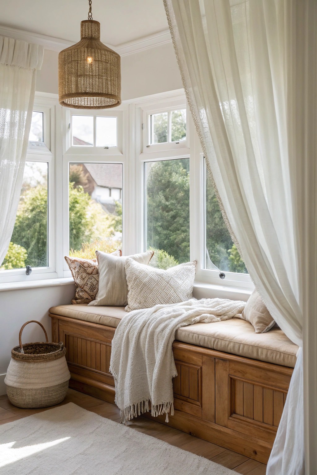 Create a dreamy bedroom sanctuary with a cozy bay window nook.