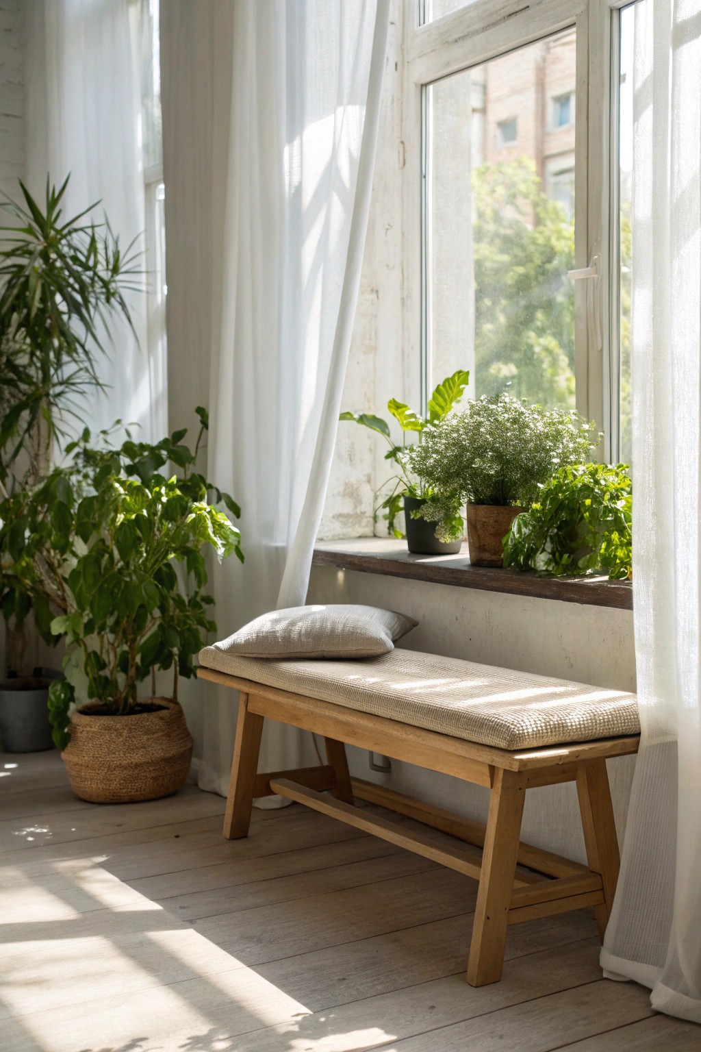 Transform your window alcove into a peaceful retreat with a cozy bench and vibrant greenery.