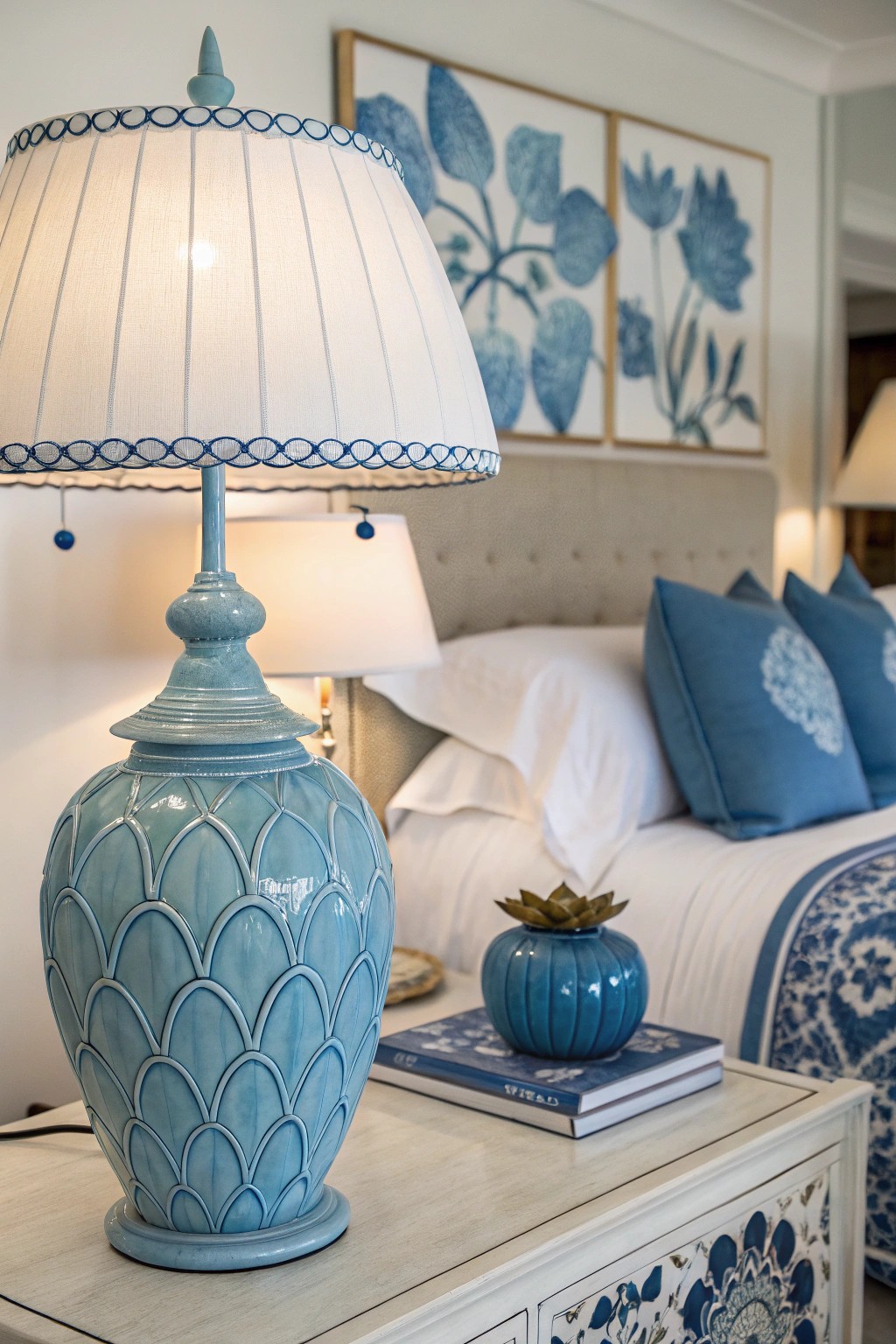 Blue-accented lighting fixtures add personality and balance to the space.