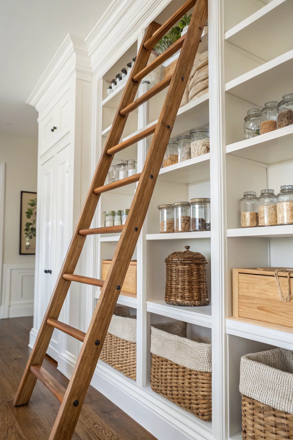 Elevate your pantry with a timeless wooden rolling ladder—blending function and charm.