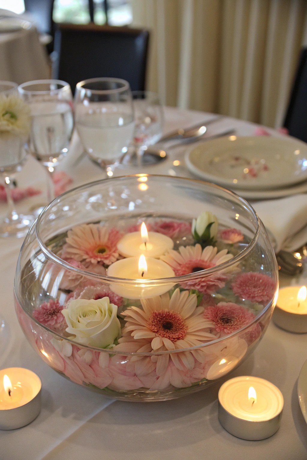 Floating flowers and candles create a serene, spa-like centerpiece.