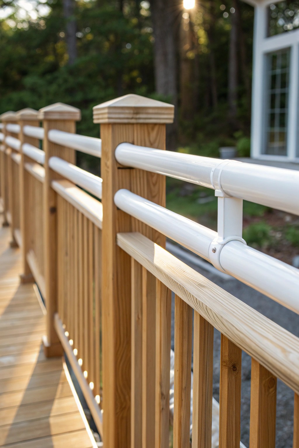 Effortless charm: Simple DIY deck railing with PVC pipes and natural wood.