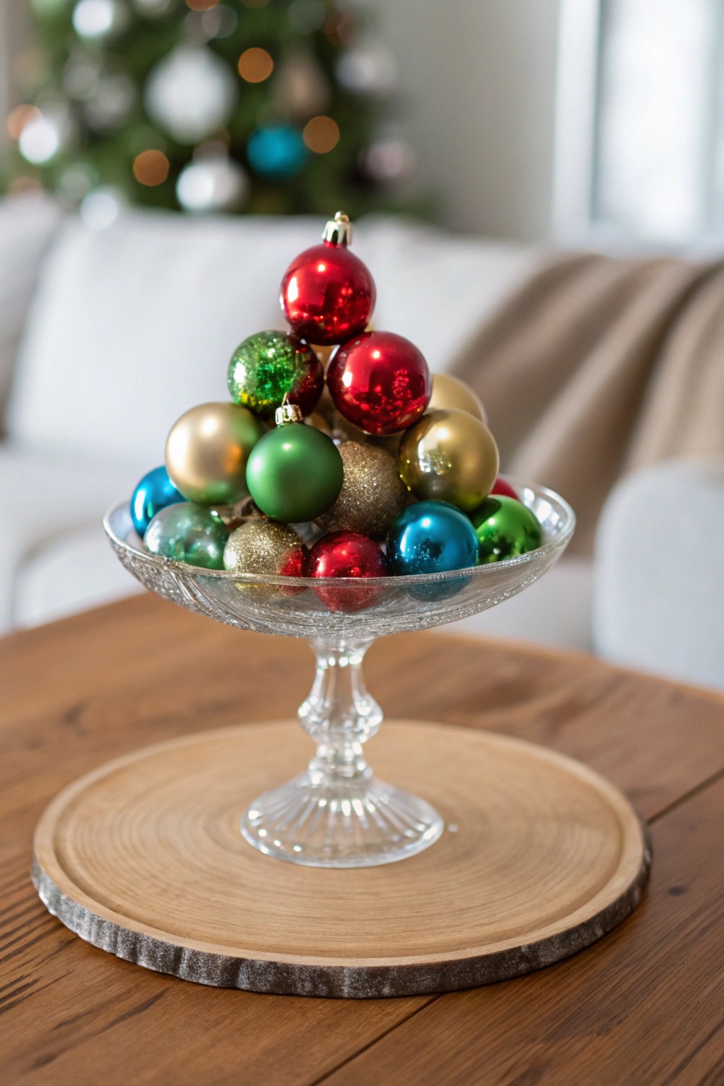 A vibrant bauble pyramid centerpiece: playful color meets elegant simplicity.