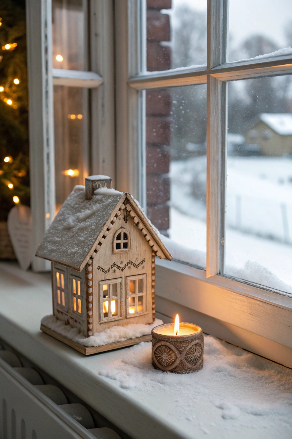 Create window ledge magic with a glowing, handcrafted snowy village house.