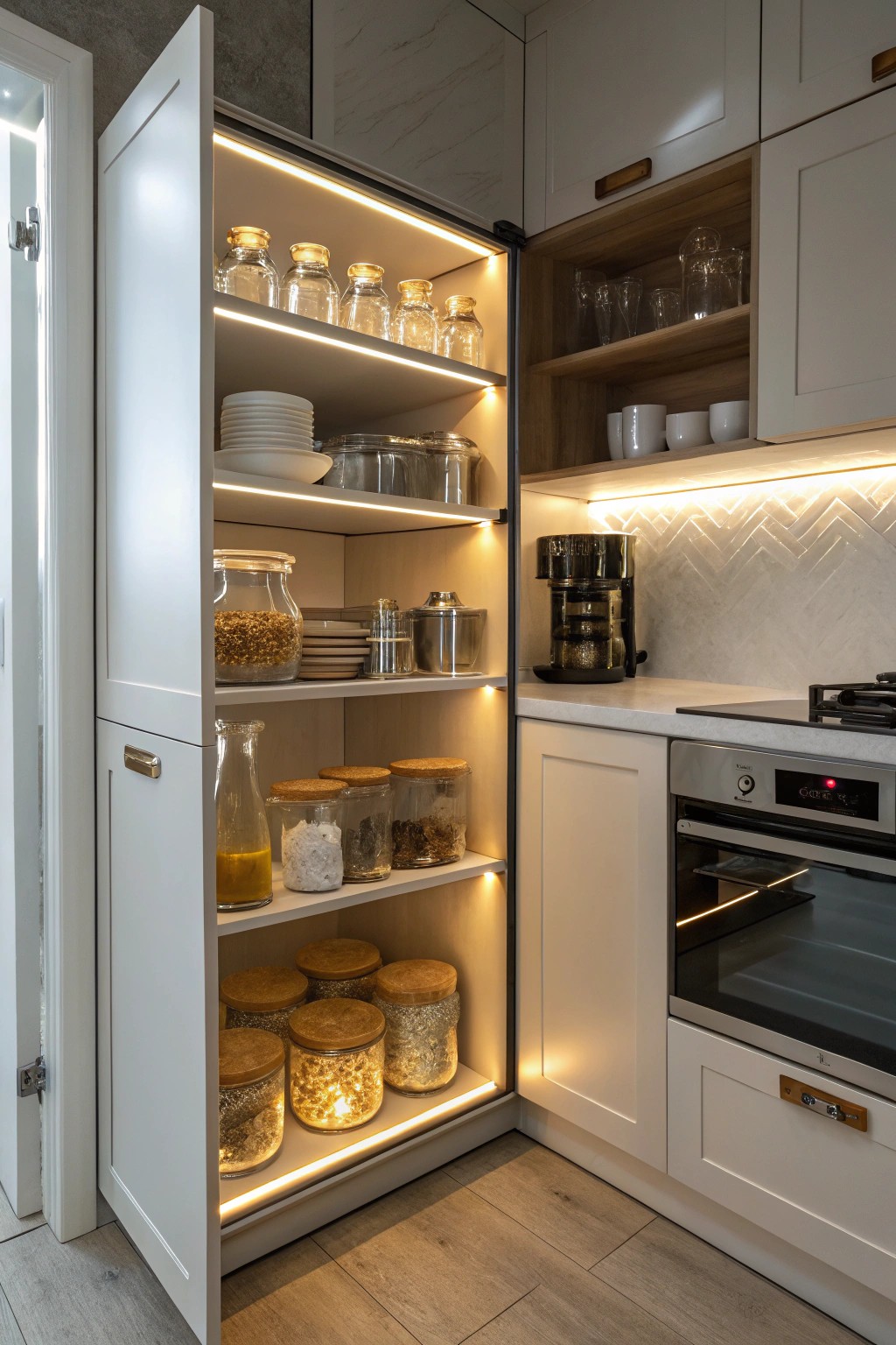 Integrated lighting transforms dark corner cabinets into bright, functional spaces.