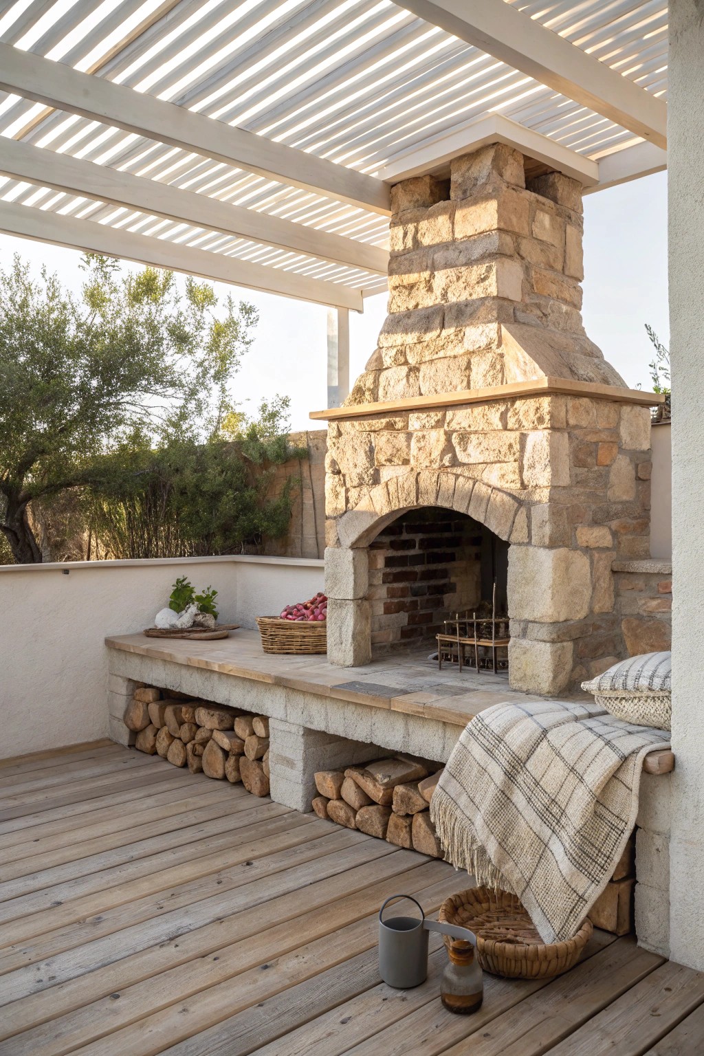 Gather around the warmth: a stunning stone fireplace transforms any covered deck into the perfect cozy retreat.