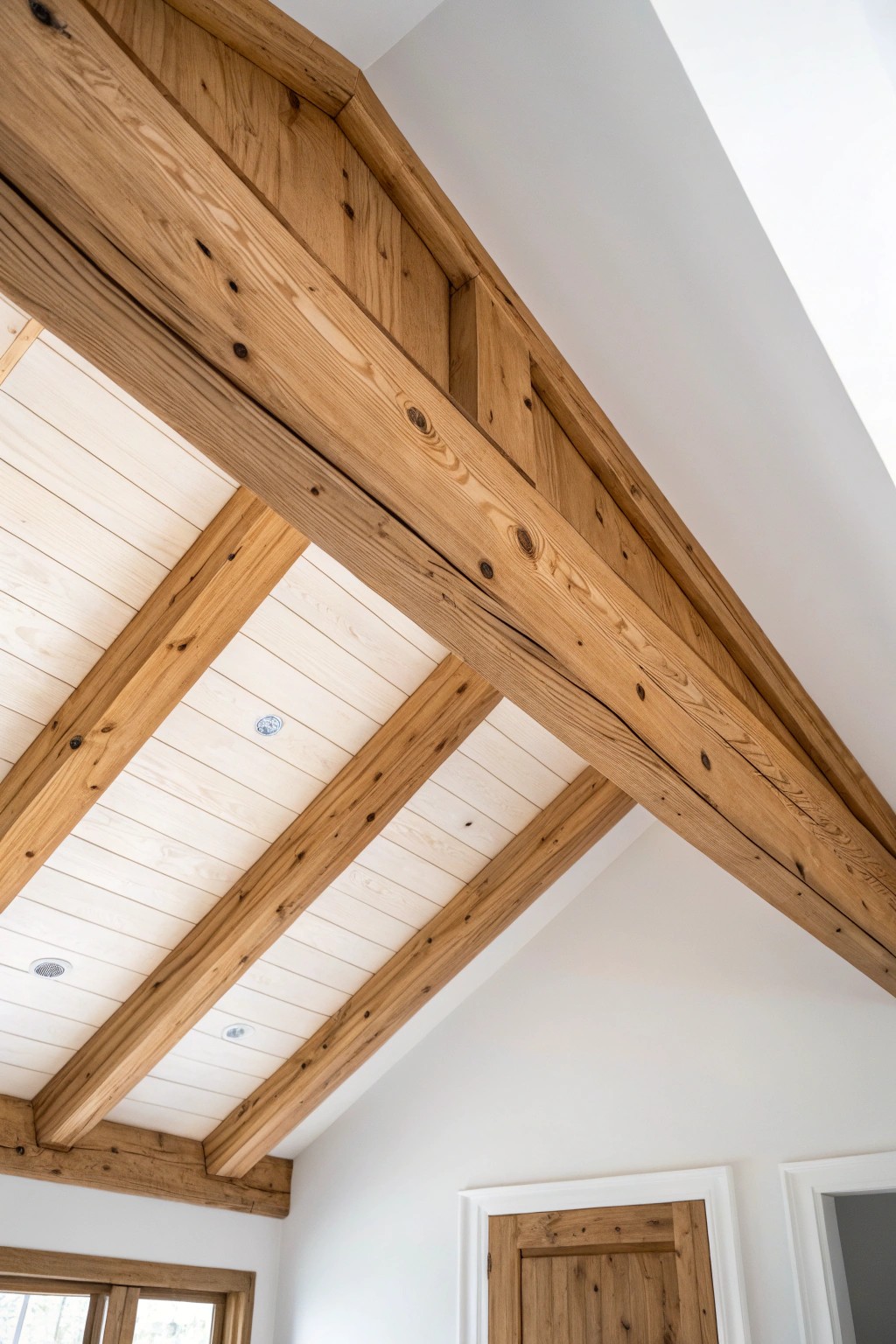 Elevate your space with the timeless beauty of an angled wooden ceiling beam.