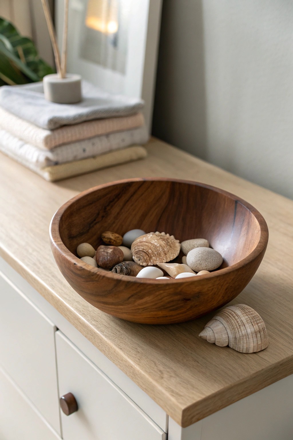 Bring nature indoors with a handcrafted wooden bowl filled with pebbles and shells—simple, serene, and beautifully organic.