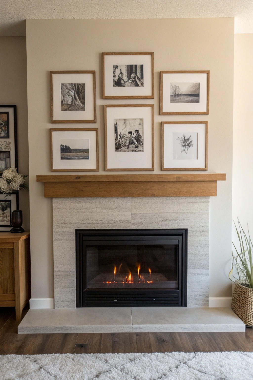 A serene gallery wall brings warmth and personality above this modern electric fireplace.
