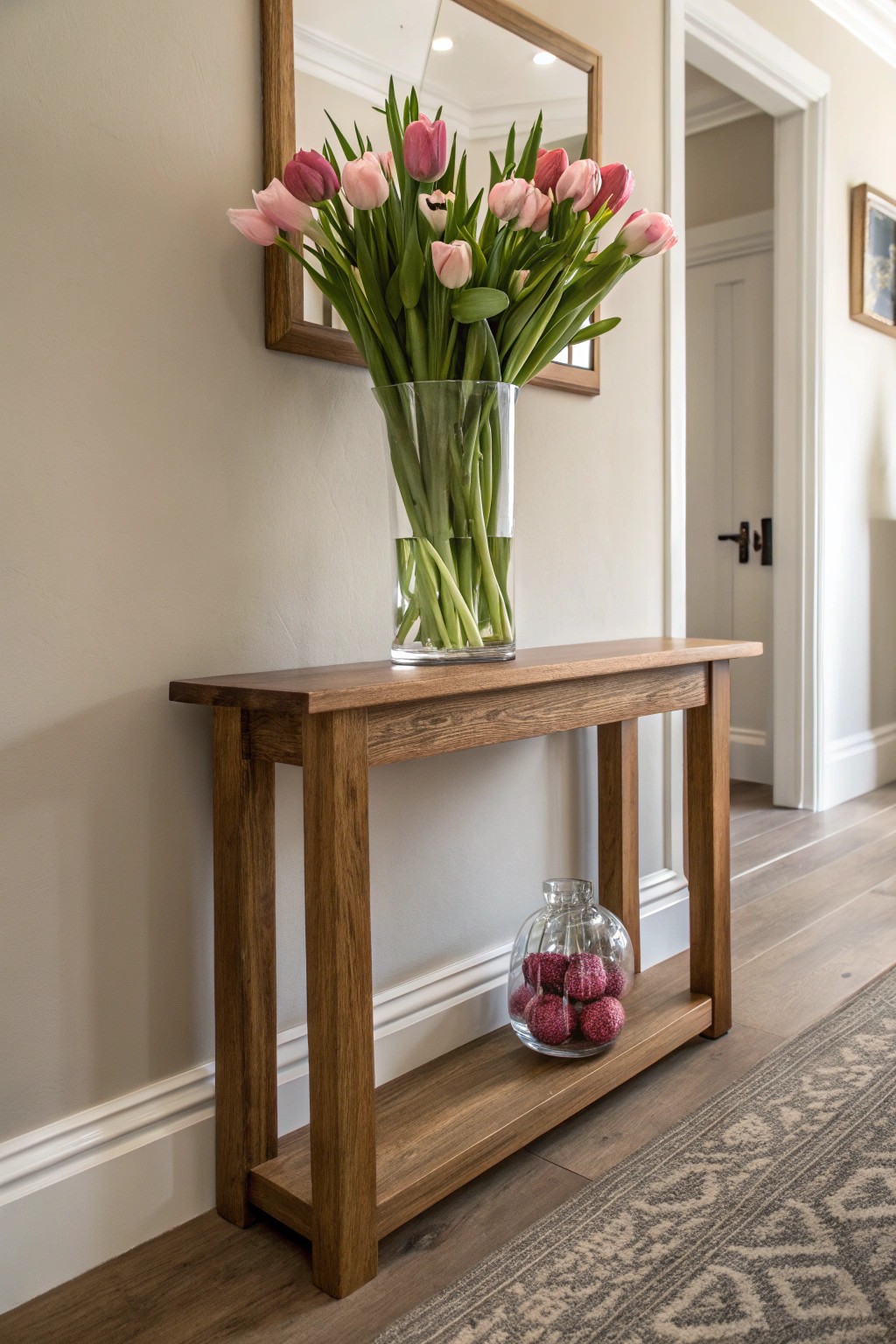 Welcome spring with simple entryway beauty—fresh tulips in a handcrafted vase.