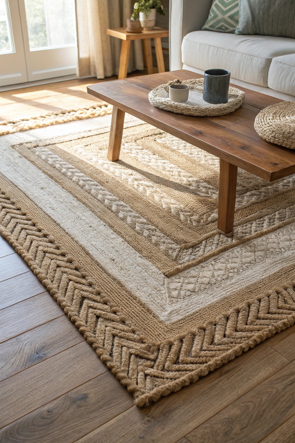 Layered rugs for cozy farmhouse charm—natural textures meet handcrafted beauty.