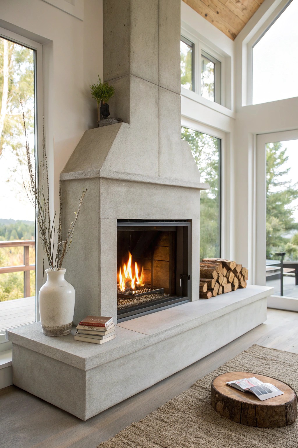 Modern warmth: A handcrafted concrete hearth transforms the fireplace with sleek simplicity.