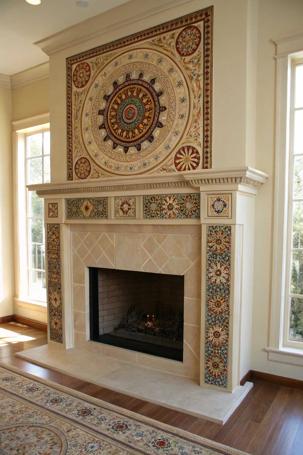 Elevate your hearth with a stunning mandala-inspired mosaic surround—where art meets warmth.