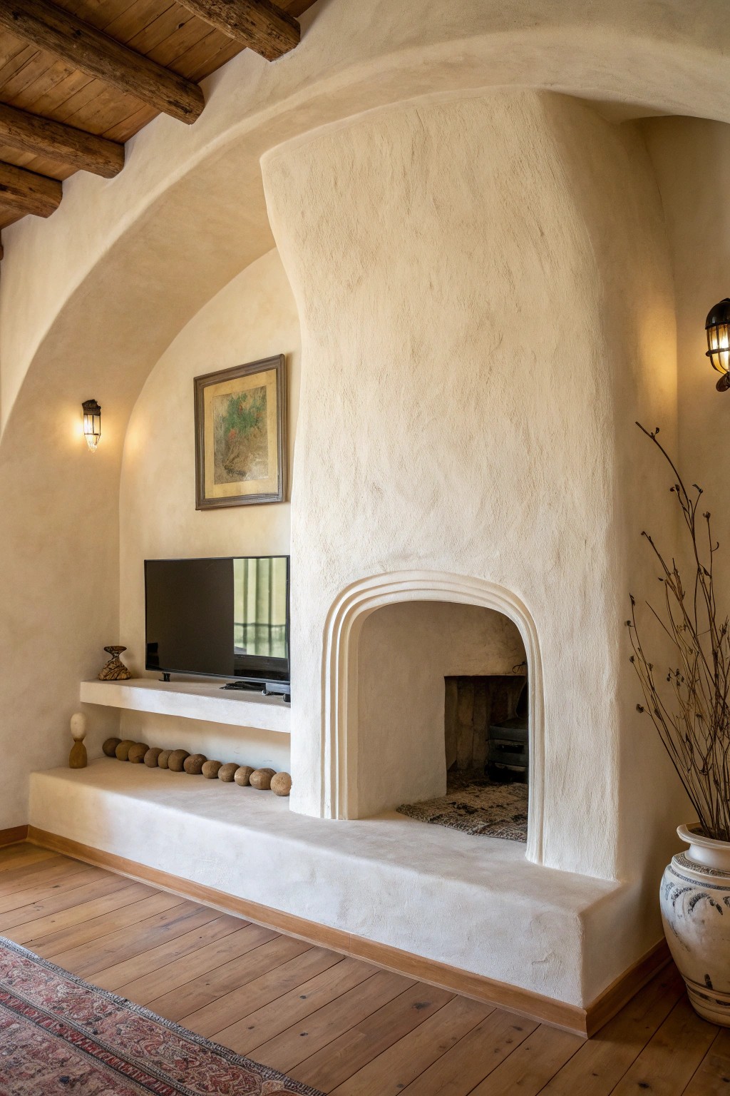 Curved plaster meets modern comfort—an artisan-crafted niche for TV and fireplace elegance.