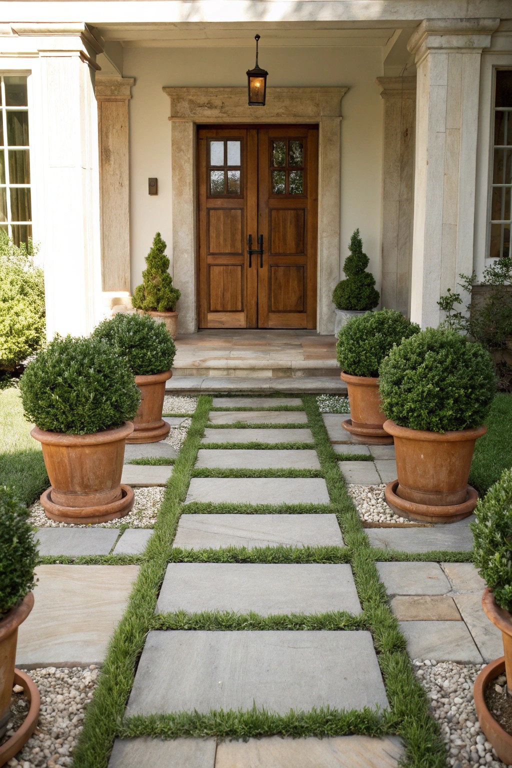 Elegant symmetry: twin walkways and matching planters for a balanced entryway