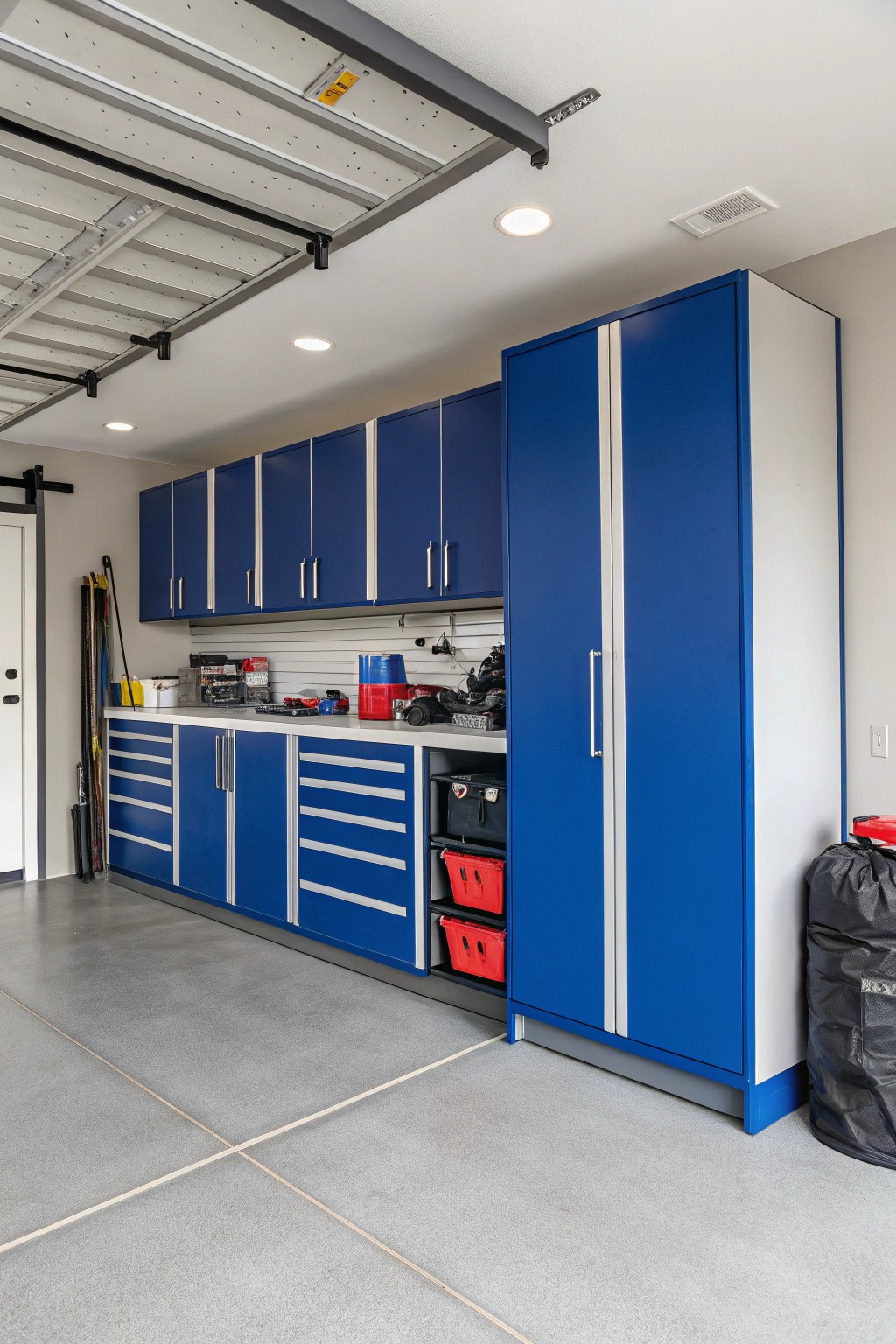Vivid cabinets stand out and make garage organization a breeze.