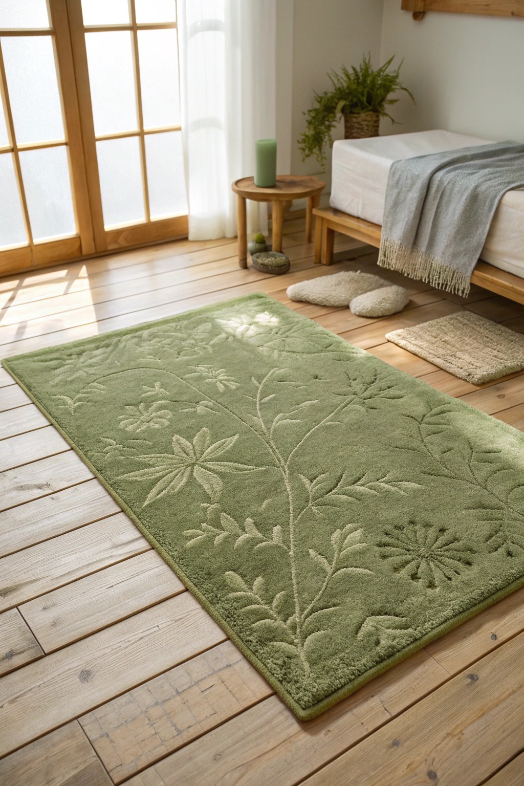 Bring nature indoors with a beautifully crafted green rug that grounds your bedroom in serene simplicity.