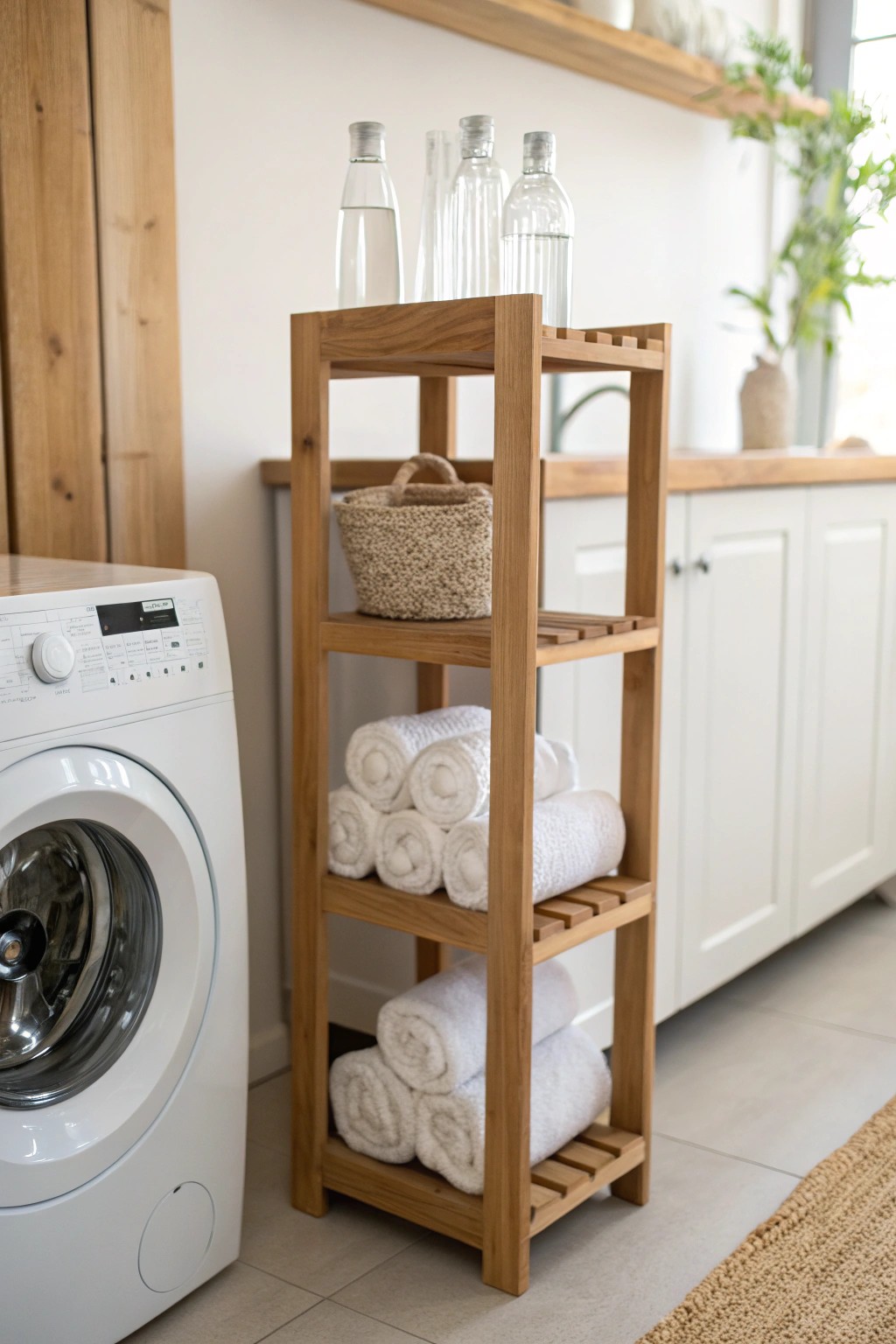 Elevate your laundry space with sleek vertical shelving—beauty in simplicity and function.