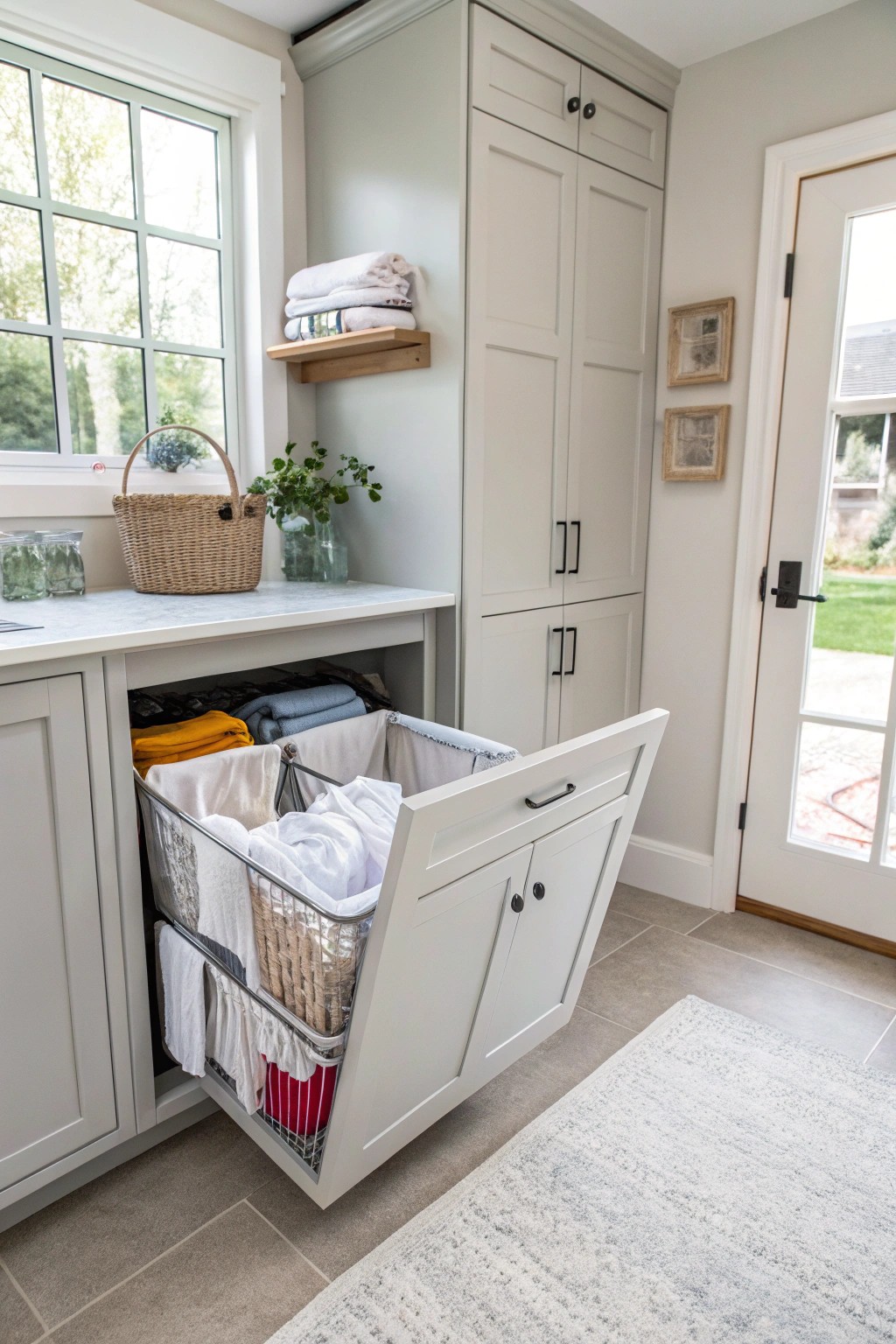 Pull-out hampers keep dirty laundry hidden and organized.
