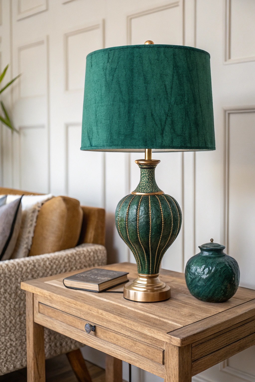 A bold emerald lampshade brings unexpected color and artisanal charm to a serene living space.