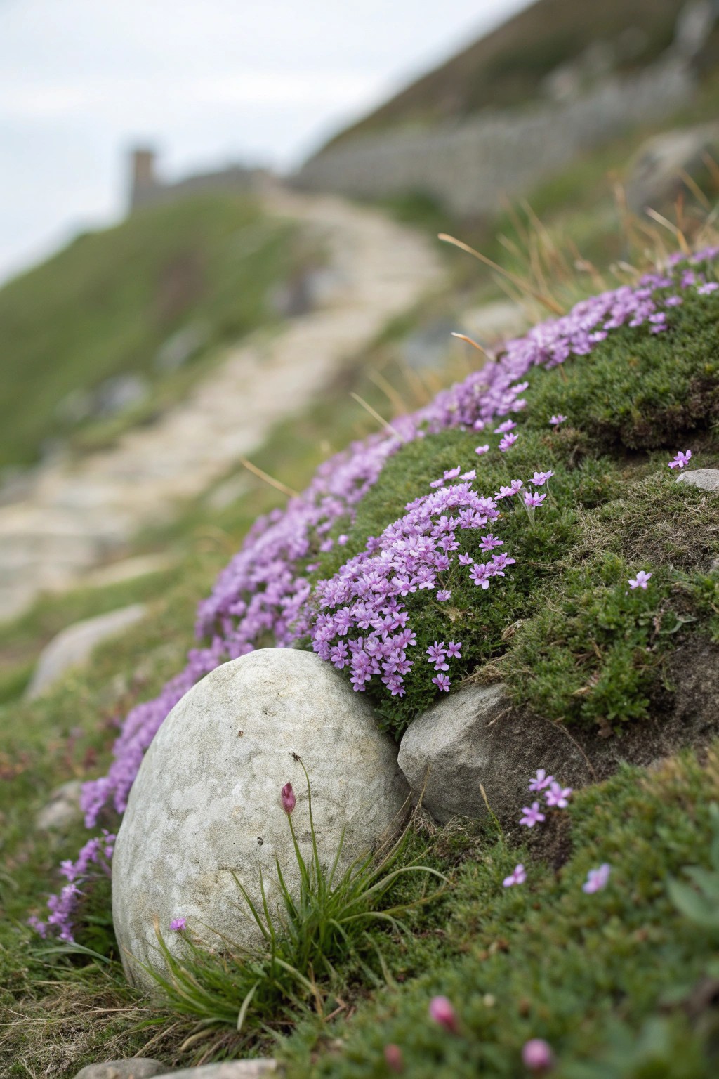 Elegant simplicity: a single layered rock anchors a sloped garden with lush, trailing creepers.