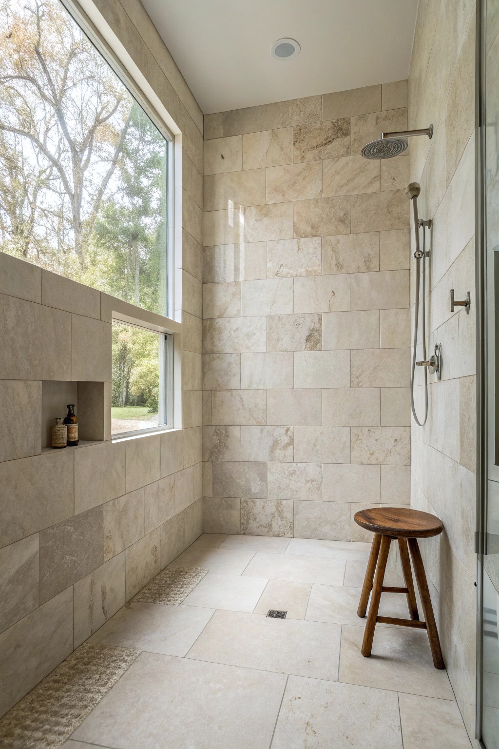 Elevate your shower with floor-to-ceiling tiles for a harmonious, spacious feel.