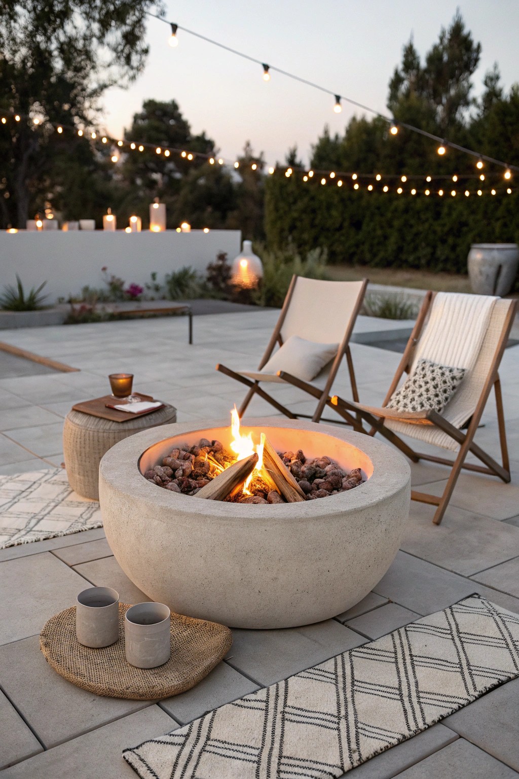 Gather ‘round this stunning modern fire pit lounge—where evenings glow and grass-free beauty shines.