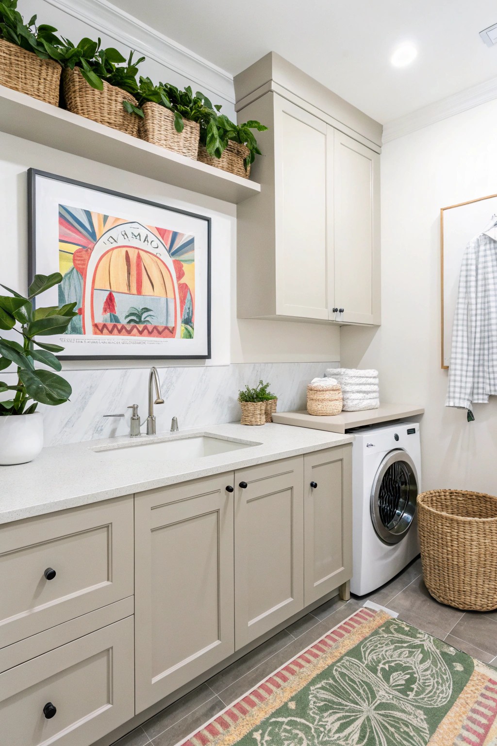 Personal artwork brings warmth and individuality to a utilitarian space.