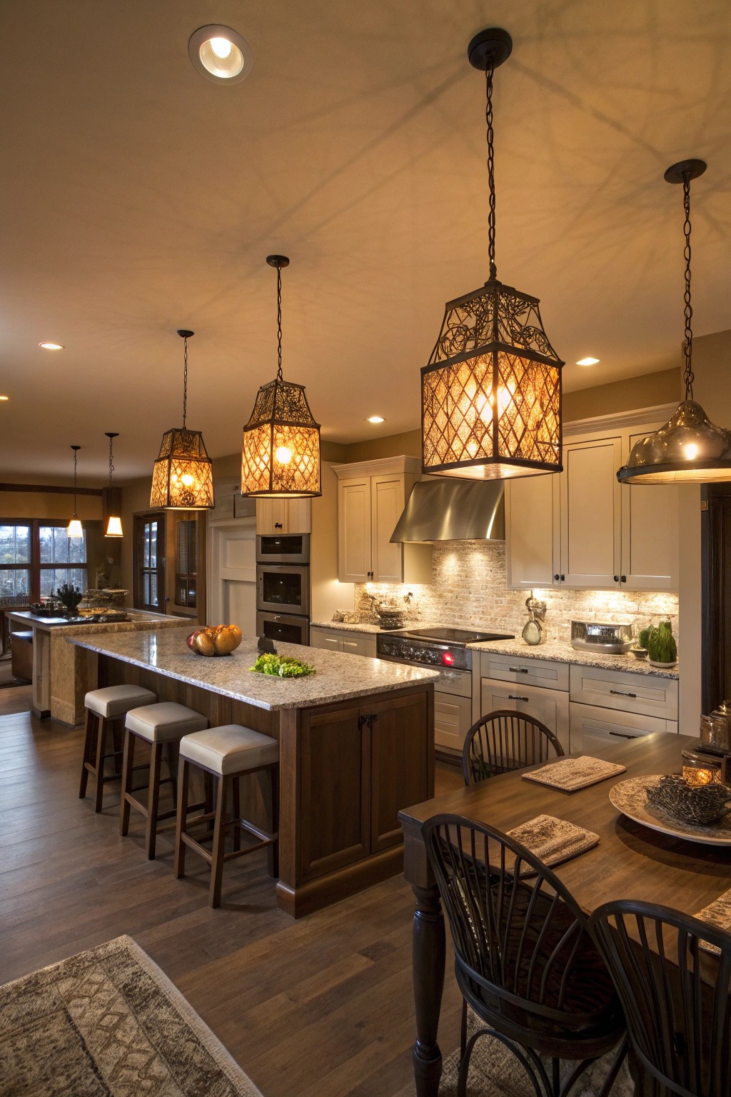 Striking pendant lighting draws the eye and defines the heart of this open kitchen.