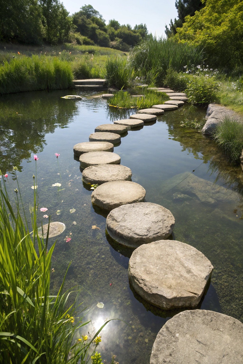 Step into tranquility—a handcrafted stone path invites you to explore the pond’s peaceful beauty.