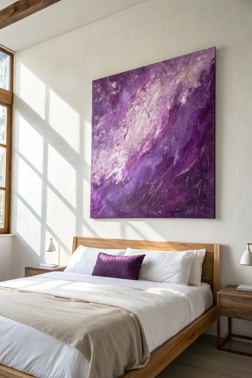 Elevate your bedroom with bespoke purple art that brings intentional color and natural elegance.