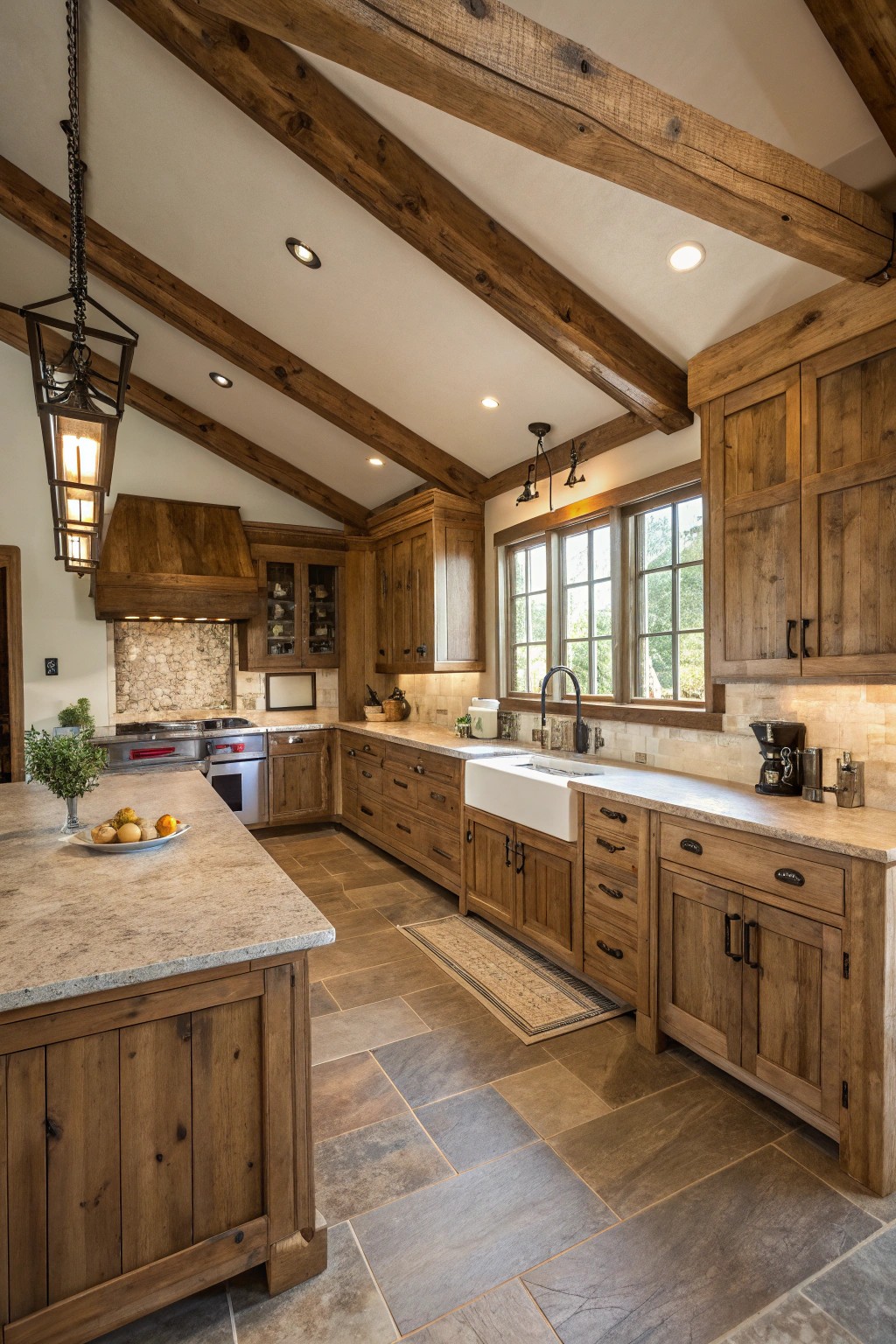 A blend of wood tones creates depth and visual interest in the kitchen.