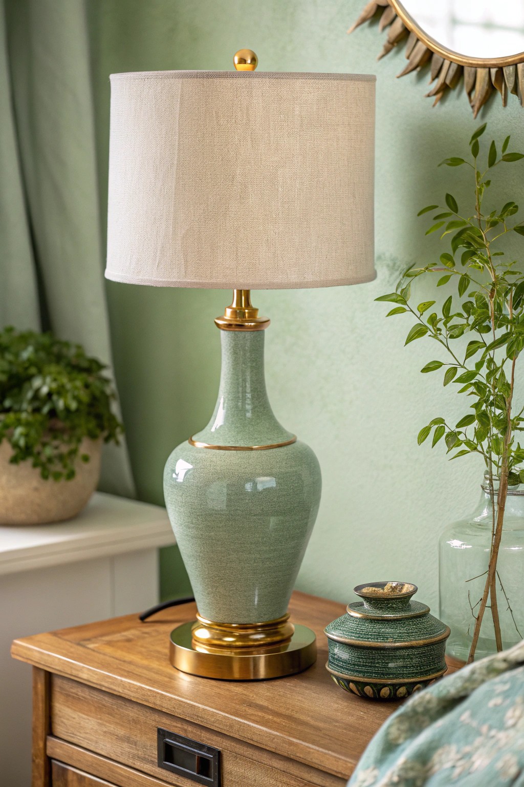 Elevate your space: Sage green meets gold for effortless bedroom luxury.