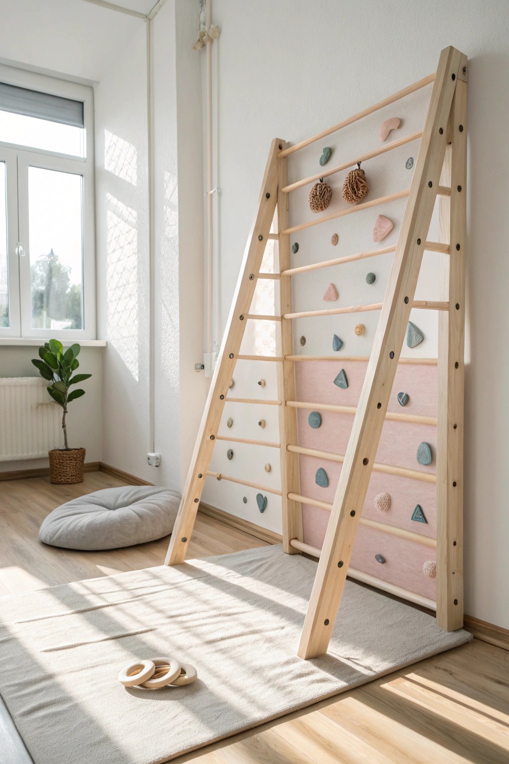 Elevate playtime with a minimalist, handcrafted mini climbing wall.