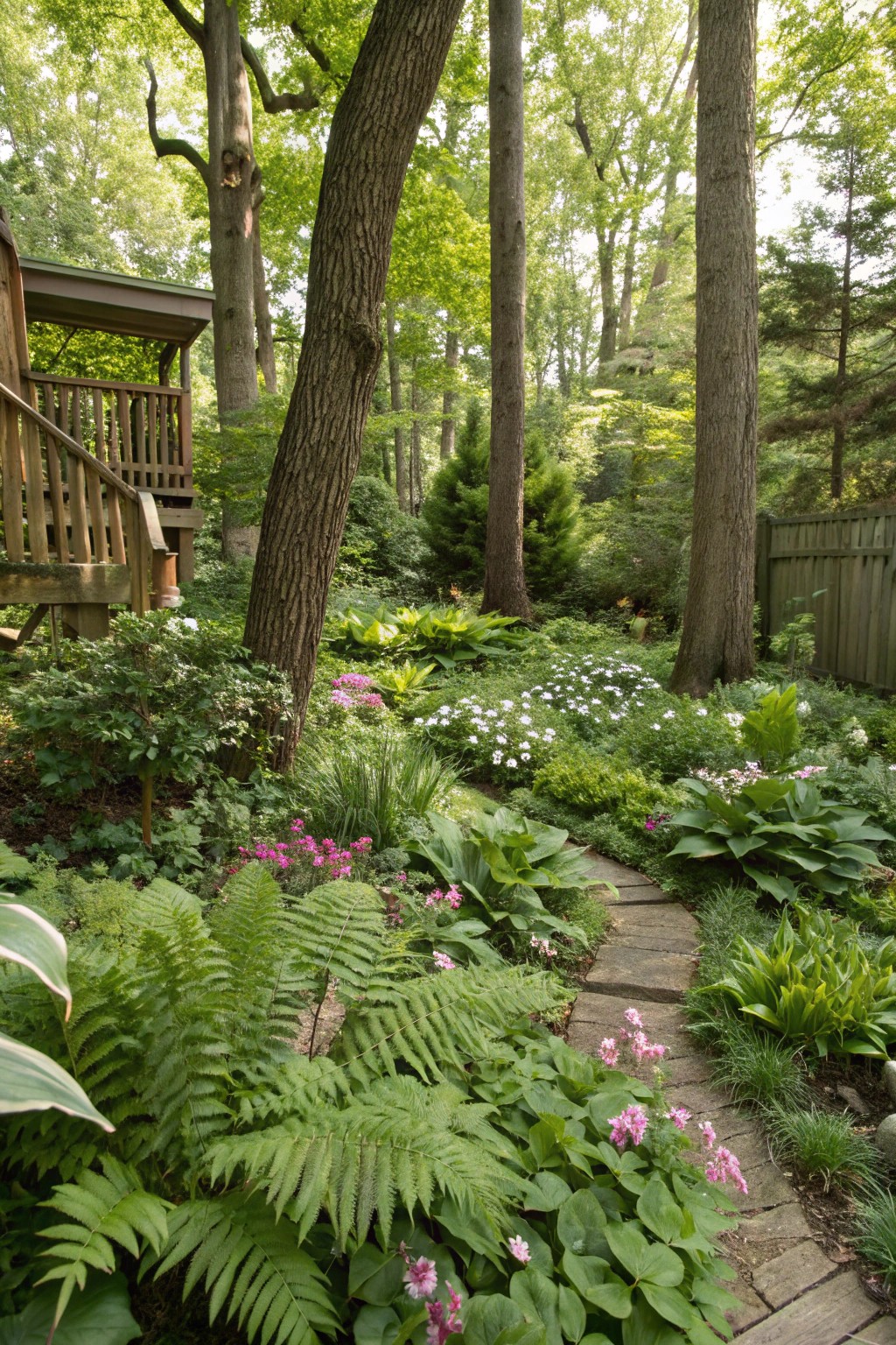 A woodland-style retreat with native plants creates natural harmony in the shade.