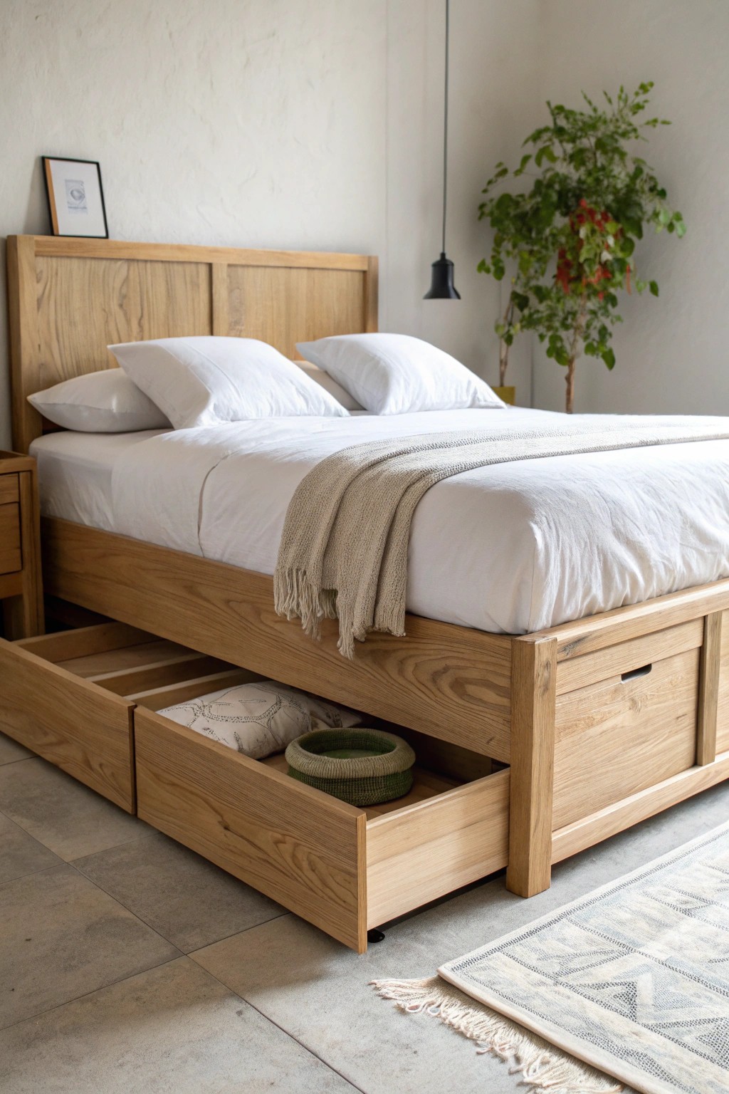 Maximize your space with a beautifully crafted bed featuring deep storage drawers—where style meets smart organization.
