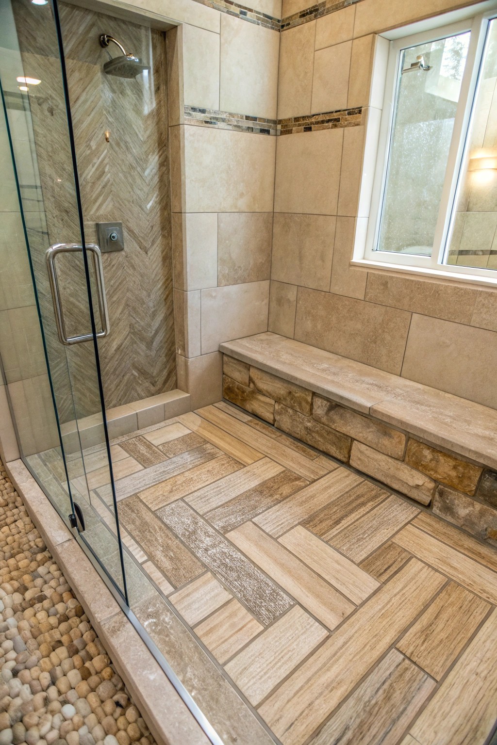 Wood-look porcelain tiles offer rustic charm and water resistance.