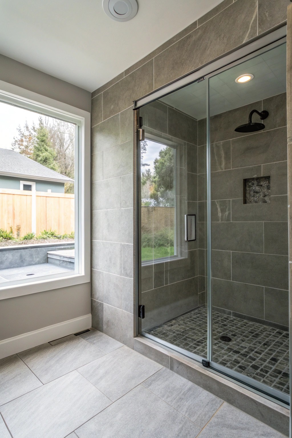 Matte-finished tiles radiate calm and keep the shower wall quietly sophisticated.
