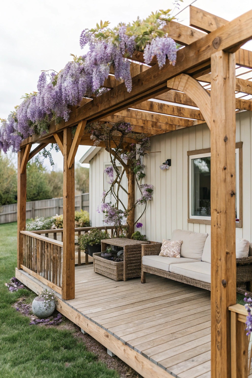 Transform your porch into a floral haven with a handcrafted pergola and blooming wisteria.