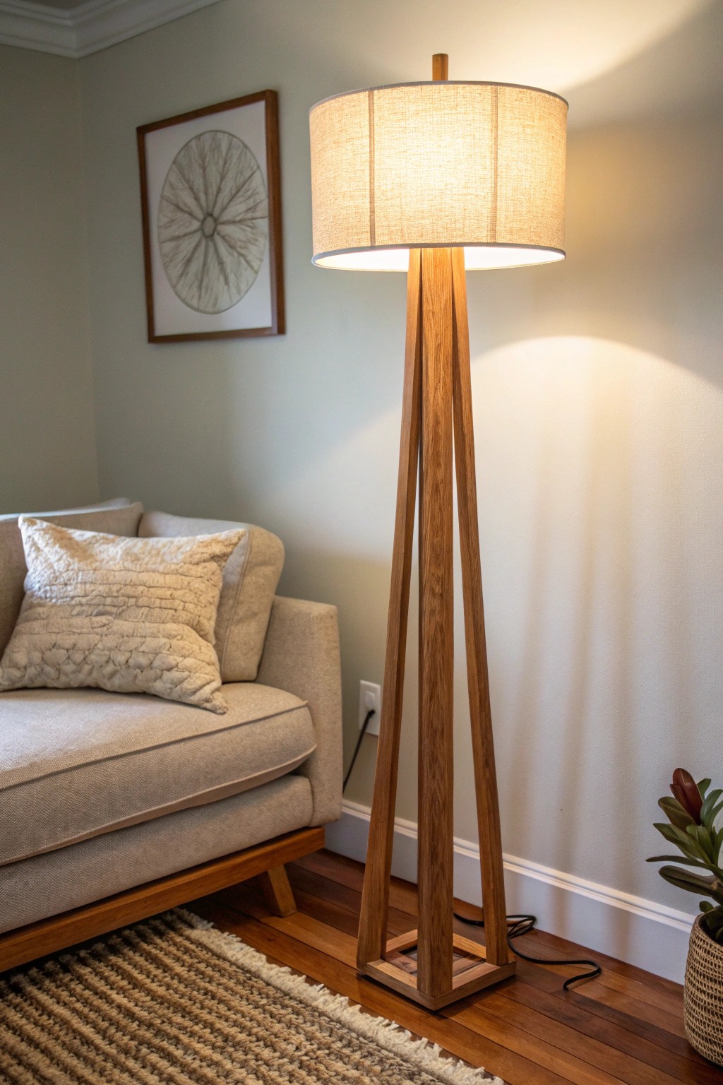 Craft a cozy mood: a single, stunning floor lamp lights up your small space.