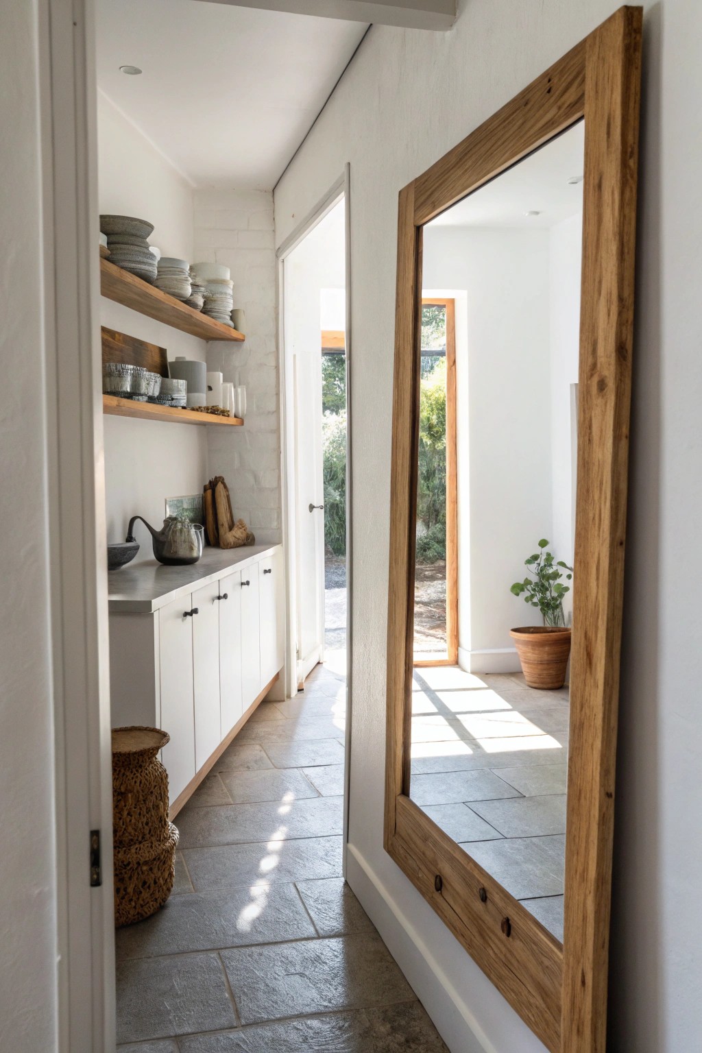 Brighten your galley kitchen: a simple mirror transforms space and light.