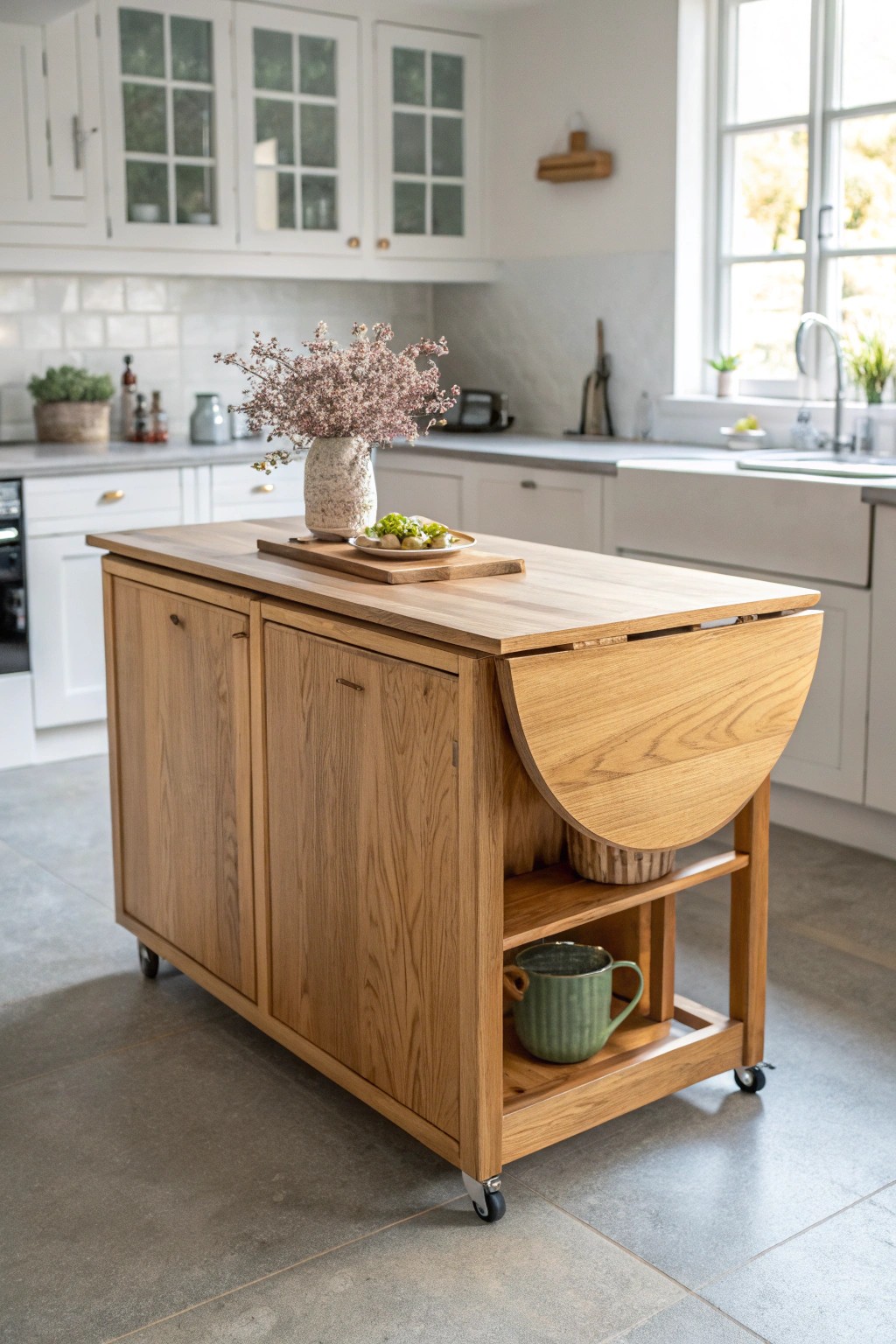 Effortless elegance: A fold-down kitchen island that transforms your space with natural beauty and smart design.