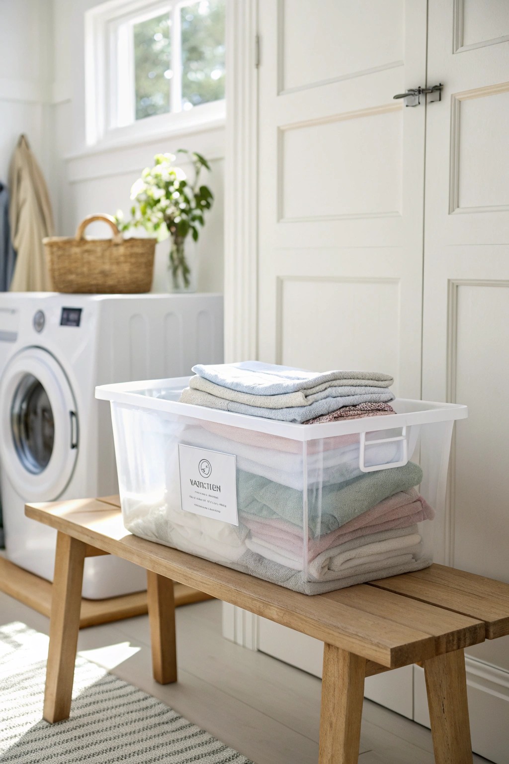 Effortless sorting with stackable bins—beauty and order in your laundry nook.