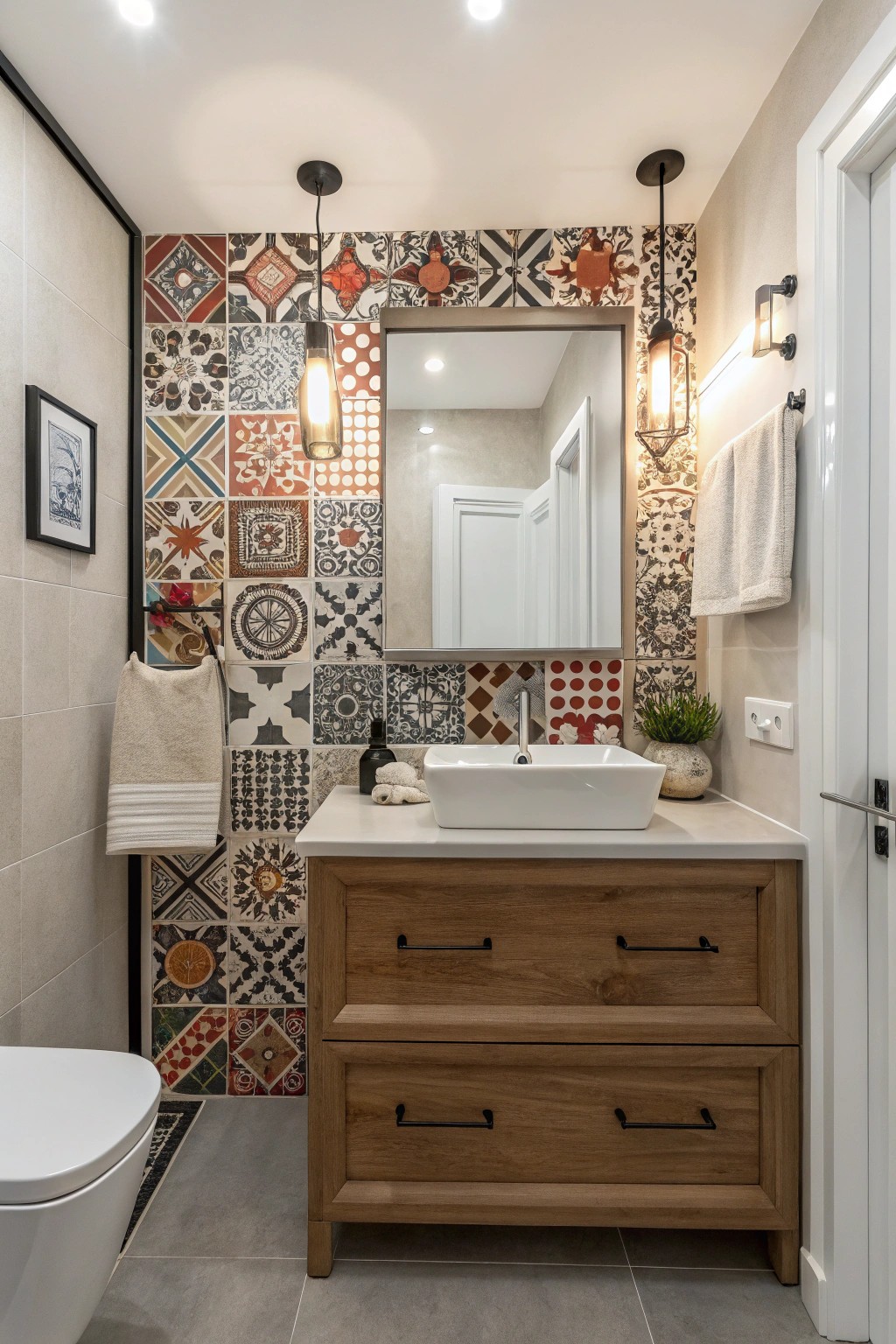Vibrant statement tiles become the star of a small bath.