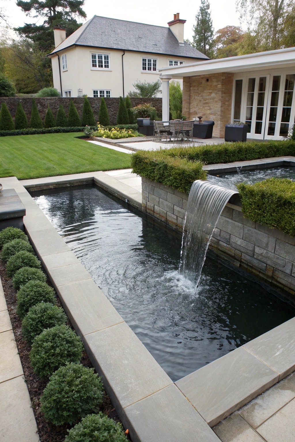 A sleek rectangle pond with a modern waterfall chute for a formal look.