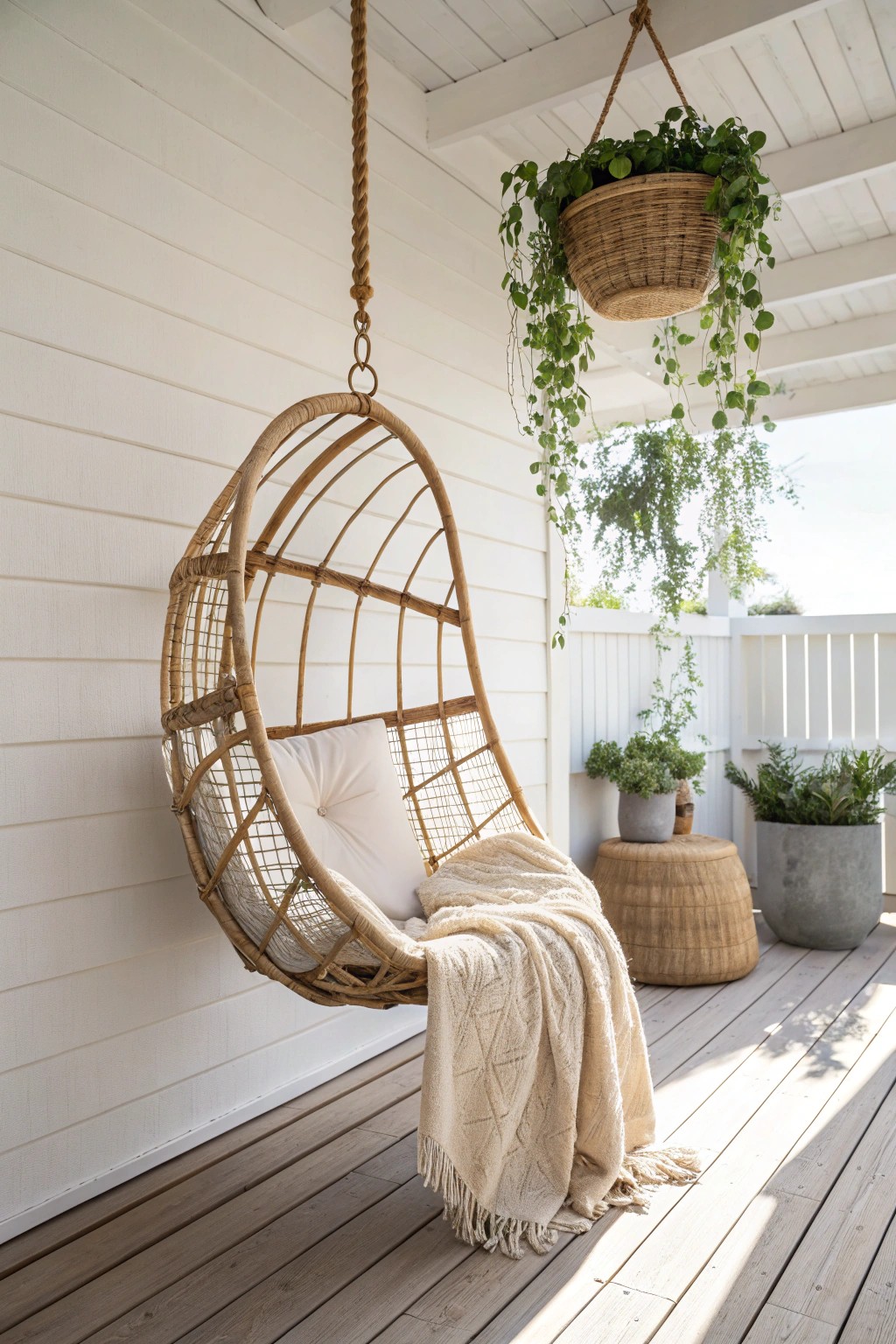A dreamy rattan hanging chair—simple, stunning, and made for relaxing moments on your porch.
