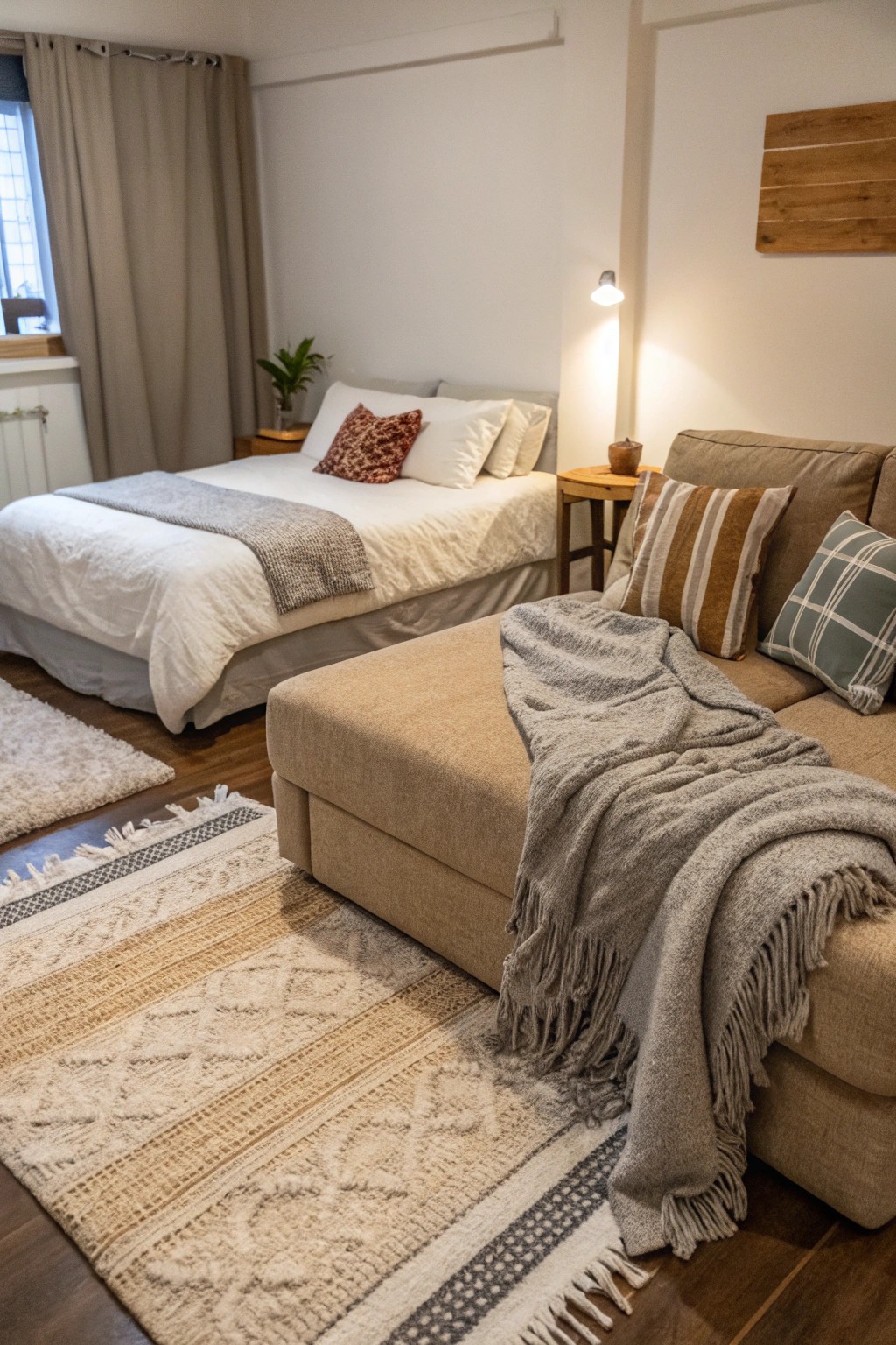 Layered textiles add warmth and richness to compact living.