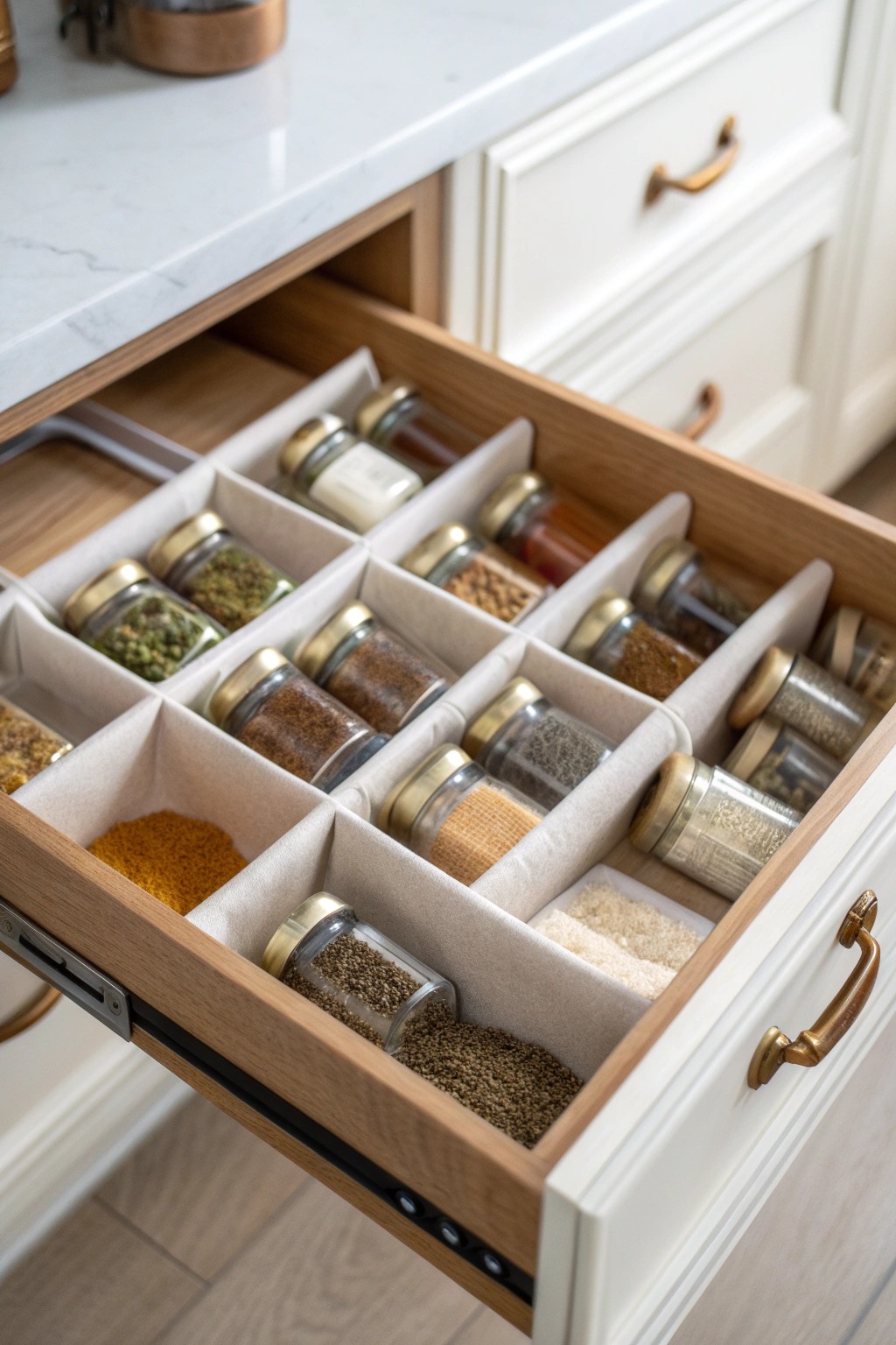 Serene spice drawer: natural linen liners bring order and beauty to every jar.