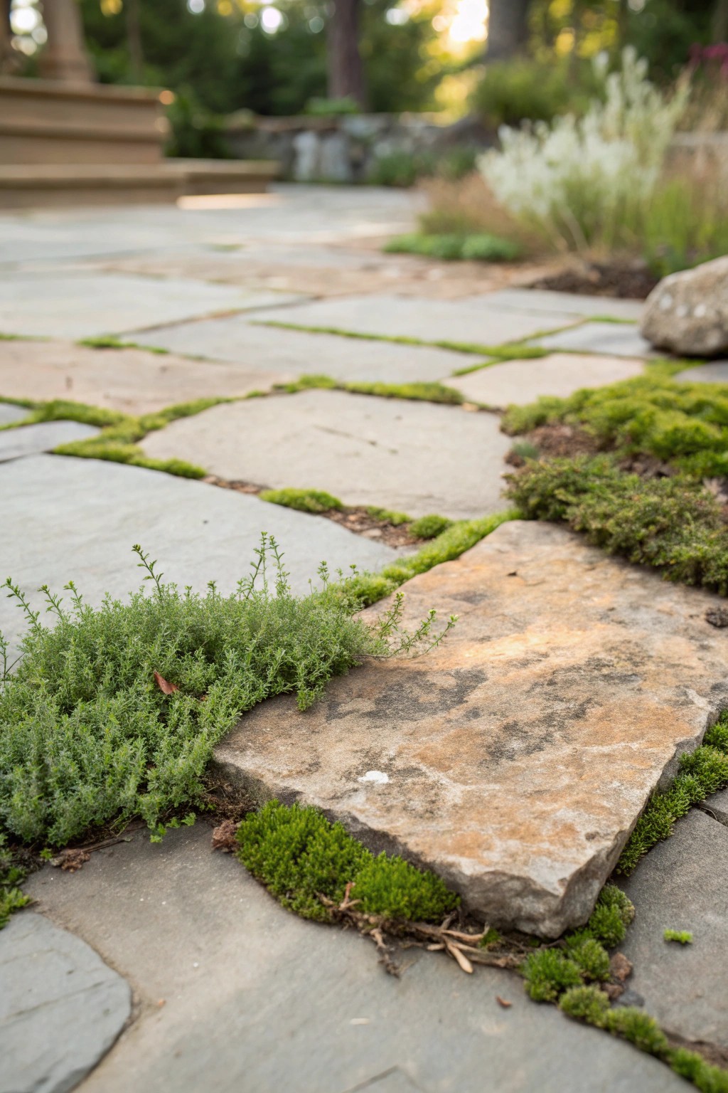A storybook stone patio brought to life with soft moss and creeping thyme.