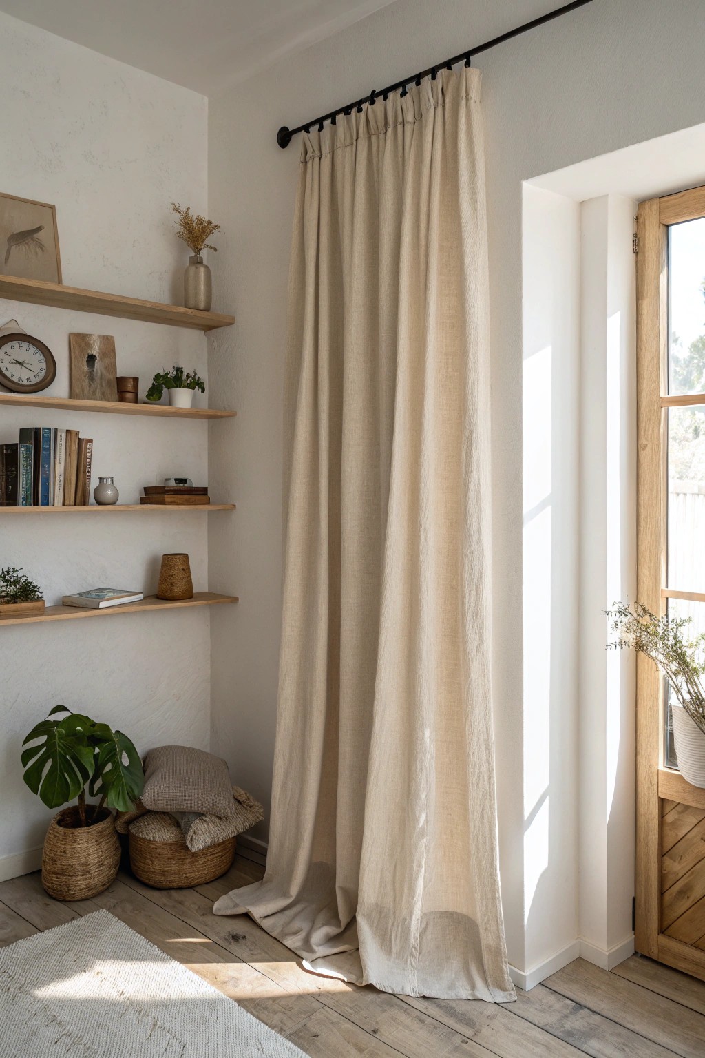 Effortless storage: Hide shelves with a beautiful linen curtain for a tidy, serene space.
